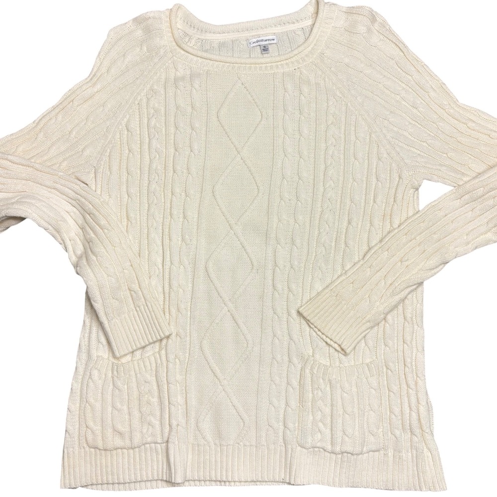 Croft & Barrow Sweater Womens XL White Cable Knit Crew Neck Pocket Pullover